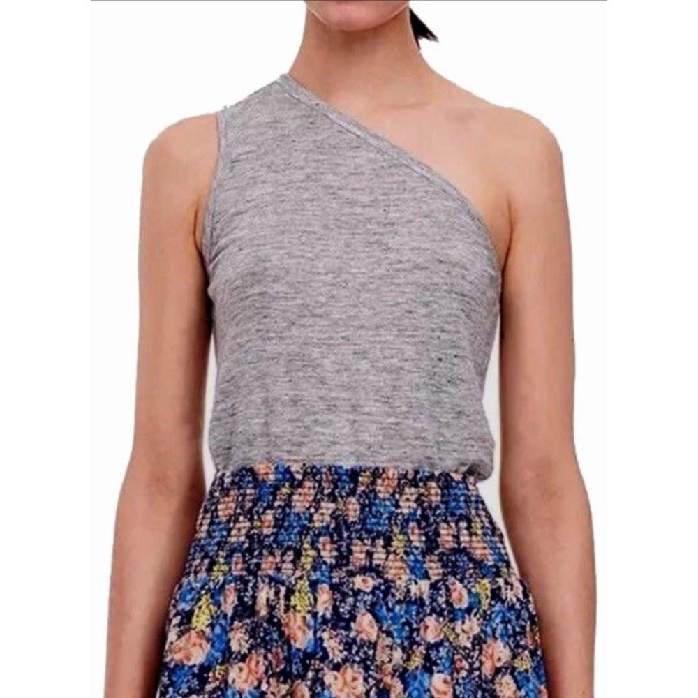REBECCA TAYLOR Small one-shoulder top tank shirt grey melange linen jersey $150